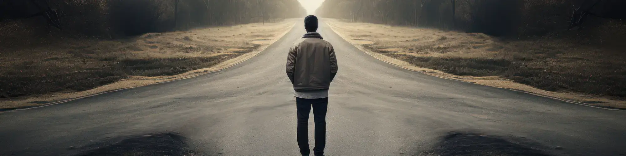 Person steht an einer Weggabelung und blickt nach vorne – Symbol für Entscheidungen, Neuanfang und Orientierung im Leben.